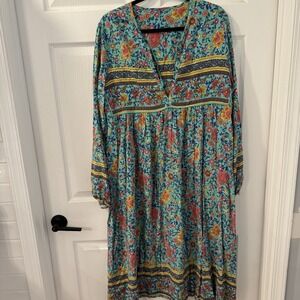 R Vivimos turquoise Blue floral pattern dress Boho Peasant  Festival Sz XL